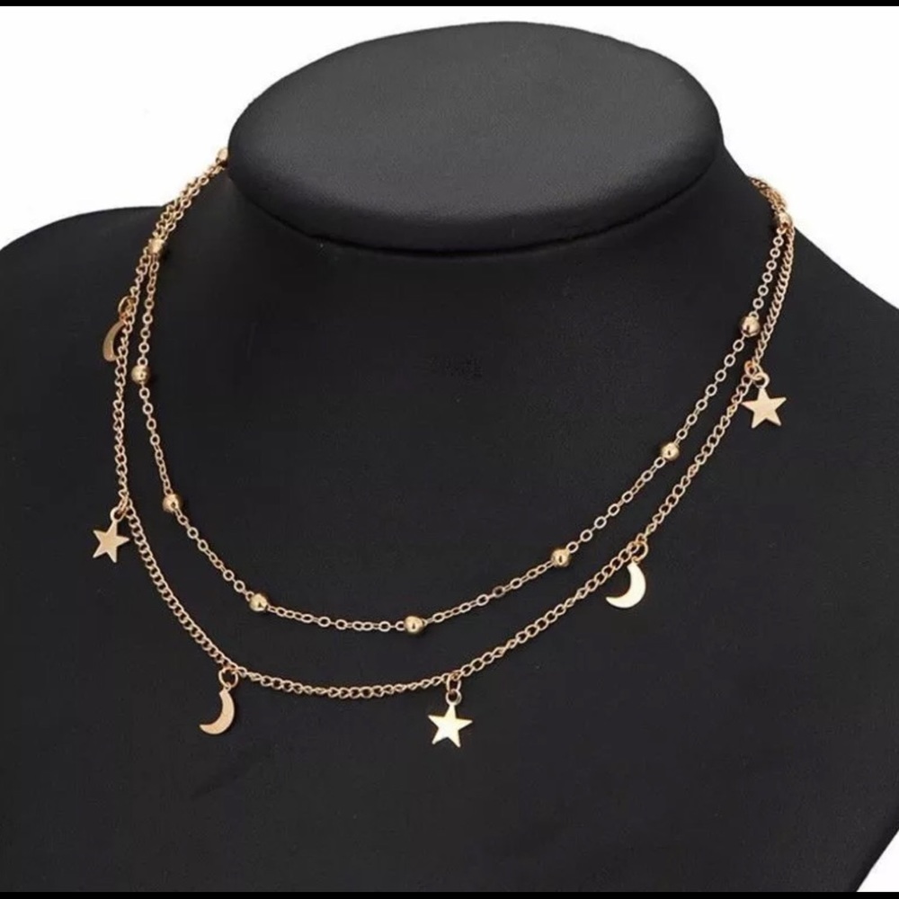 Gold Plated Double Layer Star & Moon Necklace - Picture 1 of 3